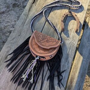 Hand-Tooled Leather Fringe Crossbody Bag - Tan & Black